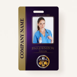 Tarjeta De Identificación QR Code Security ID Purple & Gold Employee Photo