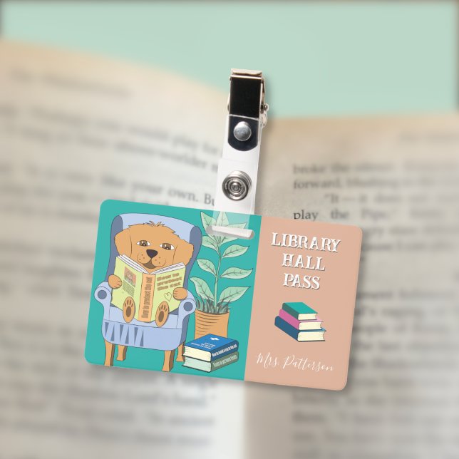 Tarjeta De Identificación Reading Dog Horizontal Library Hall Pass Badge (Cartoon reading dog horizontal library hall pass badge .)