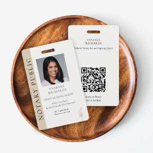 Tarjeta De Identificación Refinada Pluma Dorada Beige Móvil Notaría QR Foto