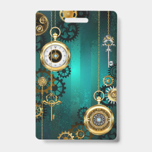 Tarjeta De Identificación Reloj de joyería Steampunk en un fondo verde