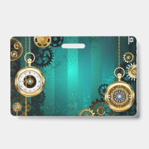 Tarjeta De Identificación Reloj de joyería Steampunk en un fondo verde