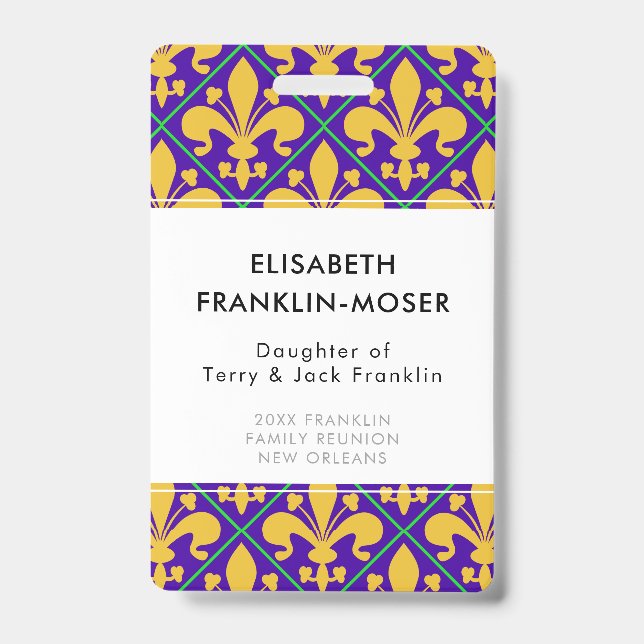 Tarjeta De Identificación Reunión Familiar de Mardi Gras de Nueva Orleans (Parte frontal)