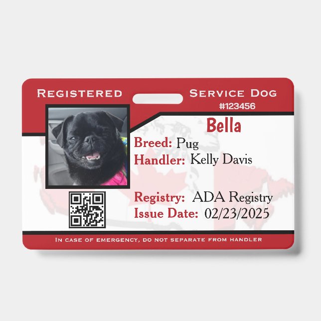 Tarjeta de identificación roja para perro de servi (Parte frontal)