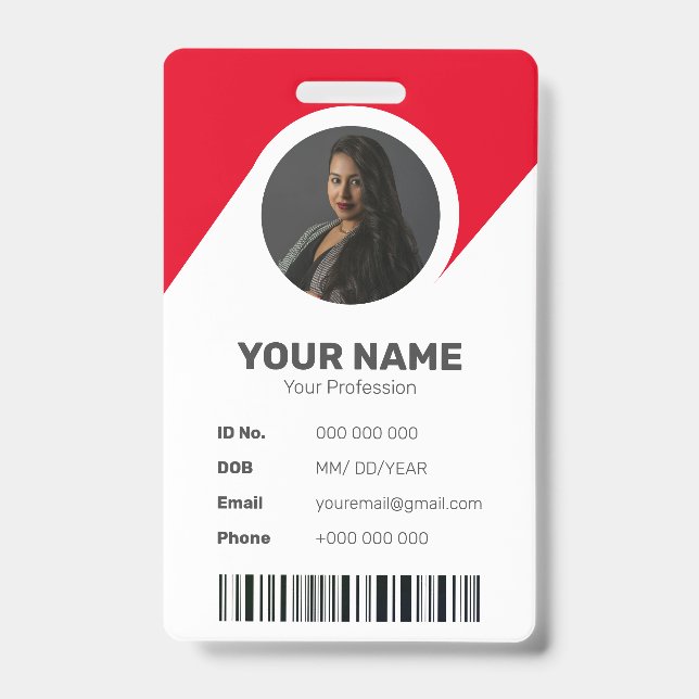 Tarjeta De Identificación Rojo Chic Moderno ID Mínimo Código de Barras Foto  (Parte frontal)