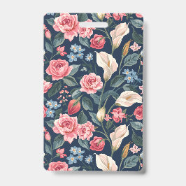 Tarjeta De Identificación Romántico Patrón Floral de Jardín Azul Marino