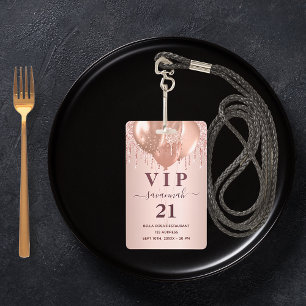 Tarjeta De Identificación Rosa de cumpleaños purpurina globos vip invitación