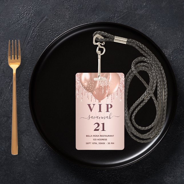 Tarjeta De Identificación Rosa de cumpleaños purpurina globos vip invitación (Subido por el creador)