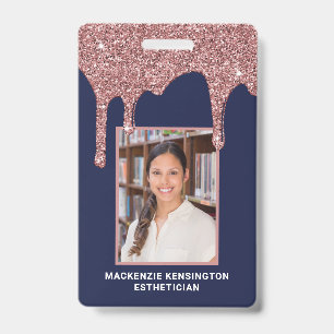 Tarjeta De Identificación Rosa Dorada Azul Marítimo Goteando Glitter Foto