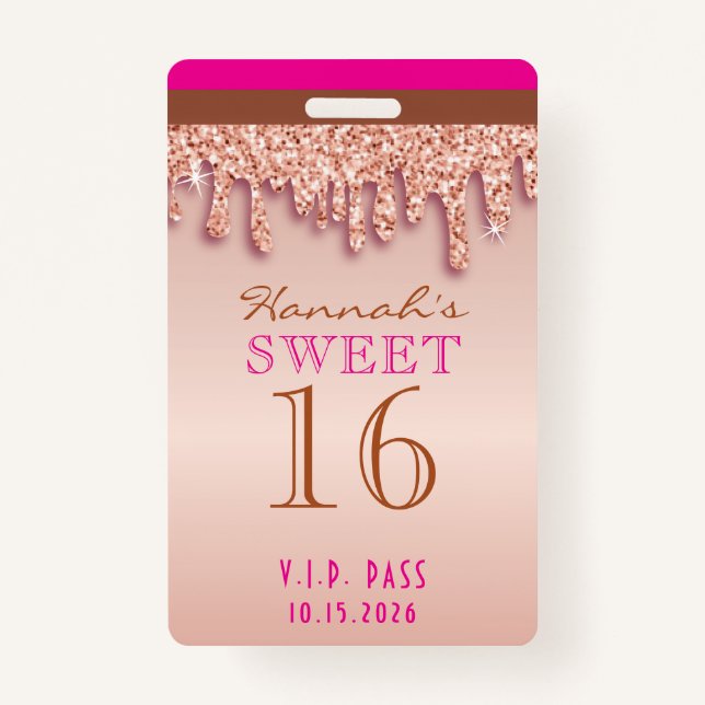 Tarjeta De Identificación Rosa Dorado Brillo Goteo VIP Sweet Sixteen (Anverso)