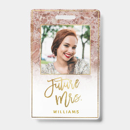 Tarjeta De Identificación Rosa Marble Future Sra. Gold Bride Bachelorette