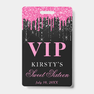 Tarjeta De Identificación Rosa y negro con purpurina goteante Sweet Sixteen