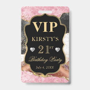 Tarjeta De Identificación Rosa y Negro Glitter Agata Cumpleaños VIP