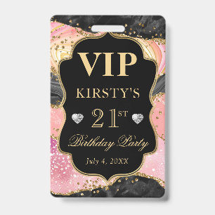 Tarjeta De Identificación Rosa y Negro Glitter Agata Cumpleaños VIP
