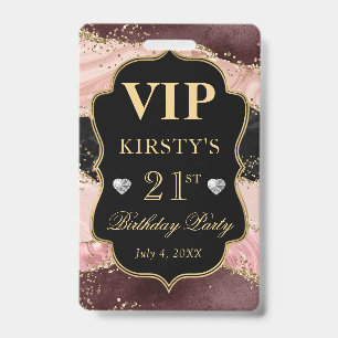 Tarjeta De Identificación Rosa y Negro Glitter Agata Cumpleaños VIP