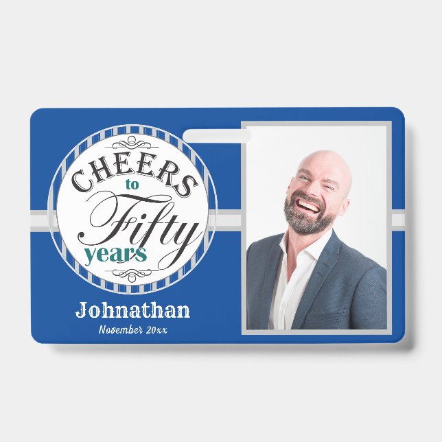 Tarjeta De Identificación Saludos a los 50 años de Fiesta Una foto Azul (Parte frontal)
