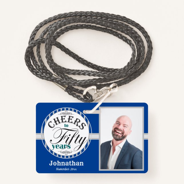 Tarjeta De Identificación Saludos a los 50 años de Fiesta Una foto Azul (Anverso son cordón)