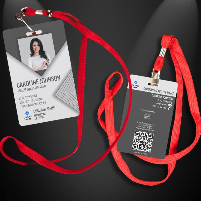 Tarjeta De Identificación Seguridad de la empresa de carbón vegetal Código Q (Gray Elegant Geometric Design QR Code Photo ID BADGE)