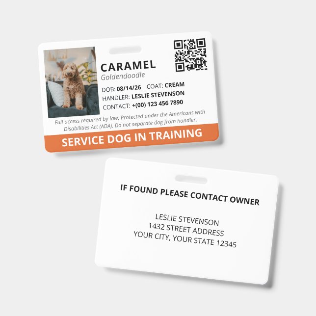 Tarjeta De Identificación Servicio de código QR personalizado naranja Perro  (Parte frontal y trasera)