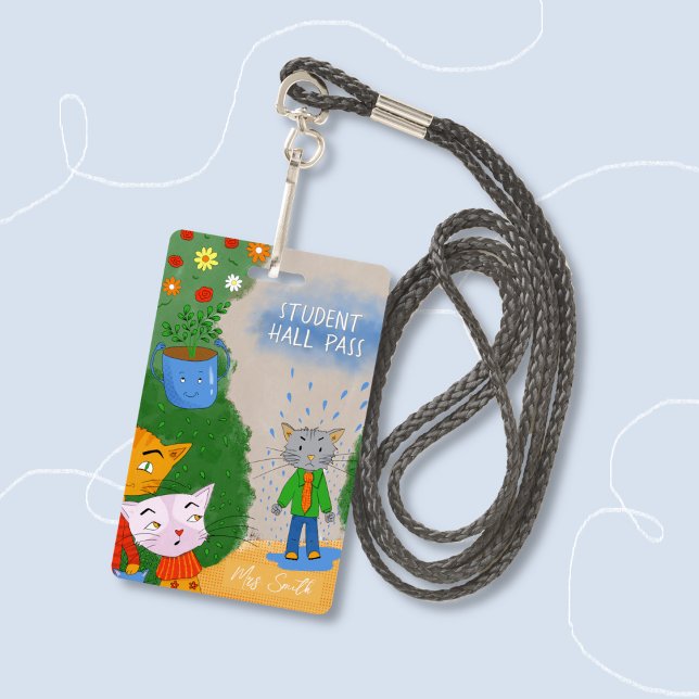Tarjeta De Identificación Silly Cartoon Cat Student Hall Pass Badge (Funny silly cartoon cats student hall pass badge .)