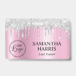 Tarjeta De Identificación Silver Glitter Drips Pink Shimmer