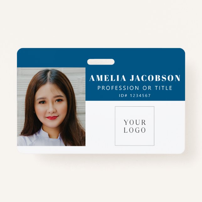 Tarjeta De Identificación Simple Bright Blue Employee Photo ID Logo Barcode  (Anverso)