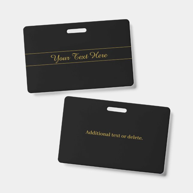 Tarjeta De Identificación Simple Customizable Gold & Black Text Design  (Parte frontal y trasera)
