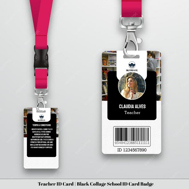 Tarjeta de identificación simple para maestros | T (Teacher ID Card | Black Collage School ID Card Badge)
