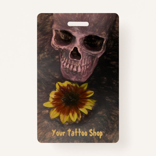 Tarjeta De Identificación Skull Yellow Sunflower Gothage Sepia Sketch (Anverso)