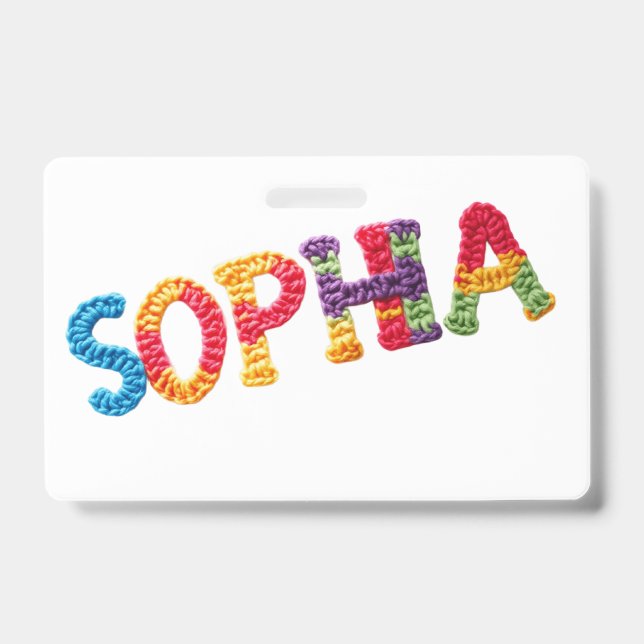 Tarjeta De Identificación Sophia Name in Vibrant Crochet Pattern (Anverso)