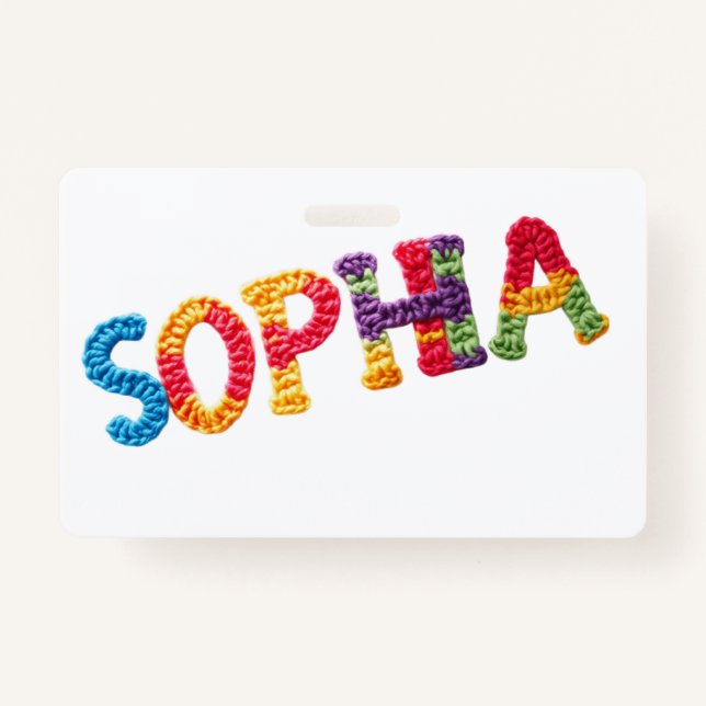 Tarjeta De Identificación Sophia Name in Vibrant Crochet Pattern (Anverso)