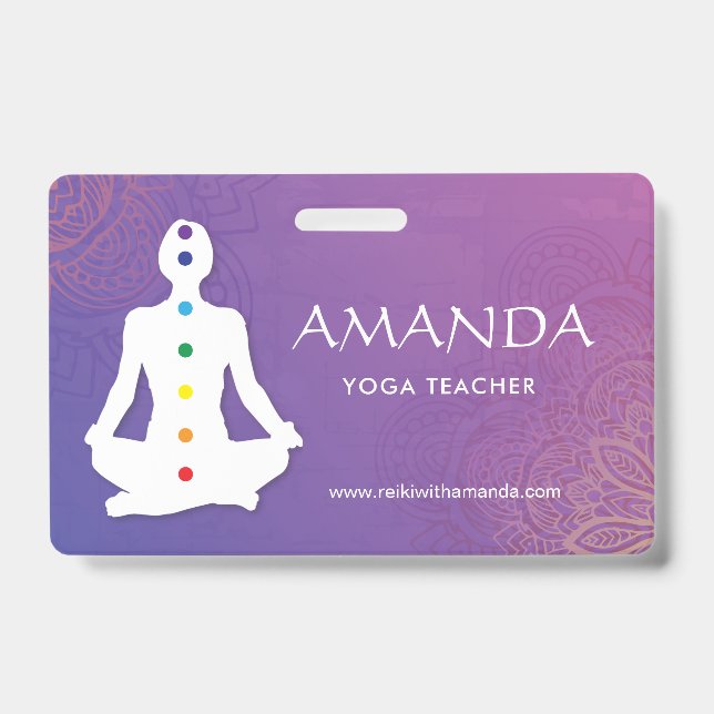 Tarjeta De Identificación Sukhasna Pose Purple Mandala Chakra Apellido (Front)