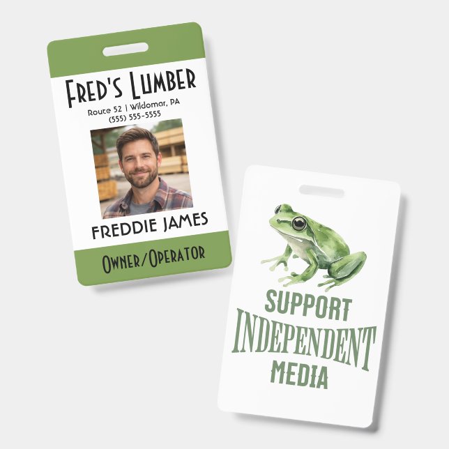 Tarjeta De Identificación Support Independent Media Frog Name Badge (Parte frontal y trasera)