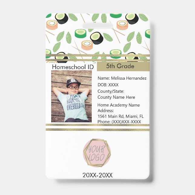 Tarjeta De Identificación Sushi estudiantil privado sin escolaridad (Parte frontal)