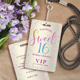 Tarjeta De Identificación Sweet 16 Rainbow Purpurina Gold Birthday VIP Pass
