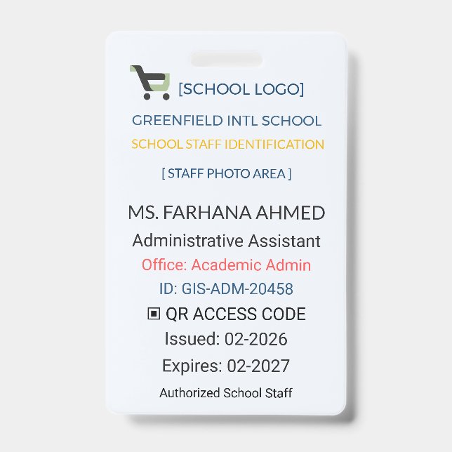 Tarjeta De Identificación Teacher Badge | Assistant ID – School Staff (Front)