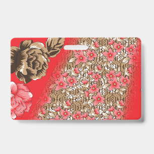 Tarjeta De Identificación Tejido rojo vibrante con intrincados diseños flora