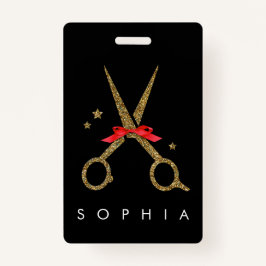 Tarjeta De Identificación Tijeras de purpurina dorado - NOMBRE del estilista
