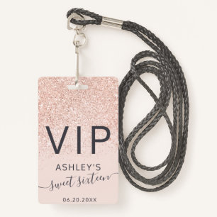 Tarjeta De Identificación Tipografía Rosa purpurina dorado Sweet 16 VIP