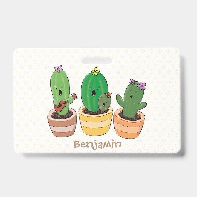 Tarjeta De Identificación Trío de cactus lindos cantando ilustración de dibu (Parte frontal)