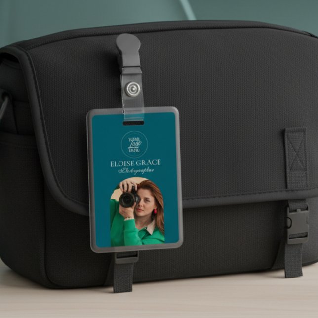Tarjeta De Identificación Turquoise Modern Logo Photo Photographer Badge (This modern business ID tag features a headshot photo and logo!)