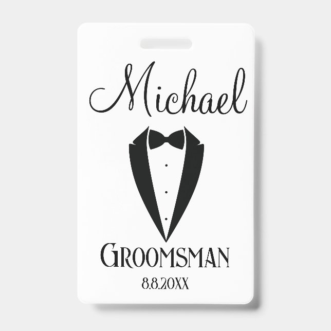 Tarjeta De Identificación tuxedo divertido con groomsman de arco personaliza (Parte frontal)