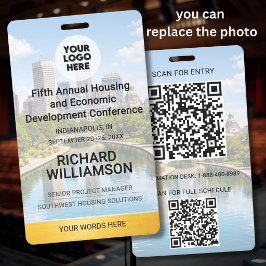 Tarjeta De Identificación Ubicación Reemplazable Foto QR Logo Conferencia