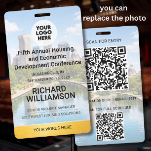 Tarjeta De Identificación Ubicación Reemplazable Foto QR Logo Conferencia