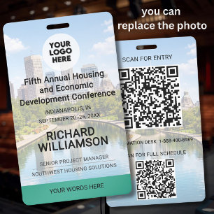 Tarjeta De Identificación Ubicación Reemplazable Foto QR Logo Conferencia