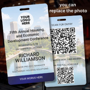 Tarjeta De Identificación Ubicación Reemplazable Foto QR Logo Conferencia