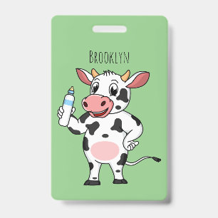 Tarjeta De Identificación Vaca feliz con biberón de bebé caricatura 