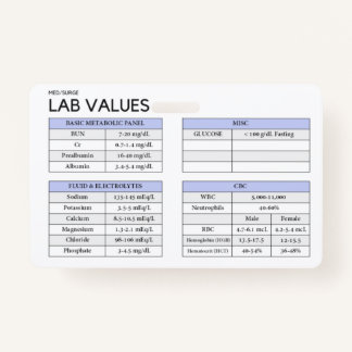Tarjeta De Identificación Valores de laboratorio