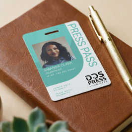 Tarjeta De Identificación Verde azulado Blue Modern & Minimal Press Pass ID 