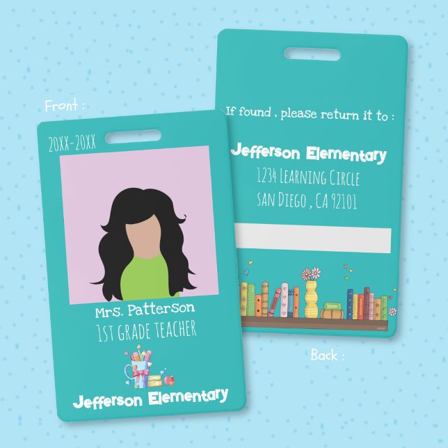 Tarjeta de identificación vertical azul turquesa p (Teacher teal vertical photo ID badge .)