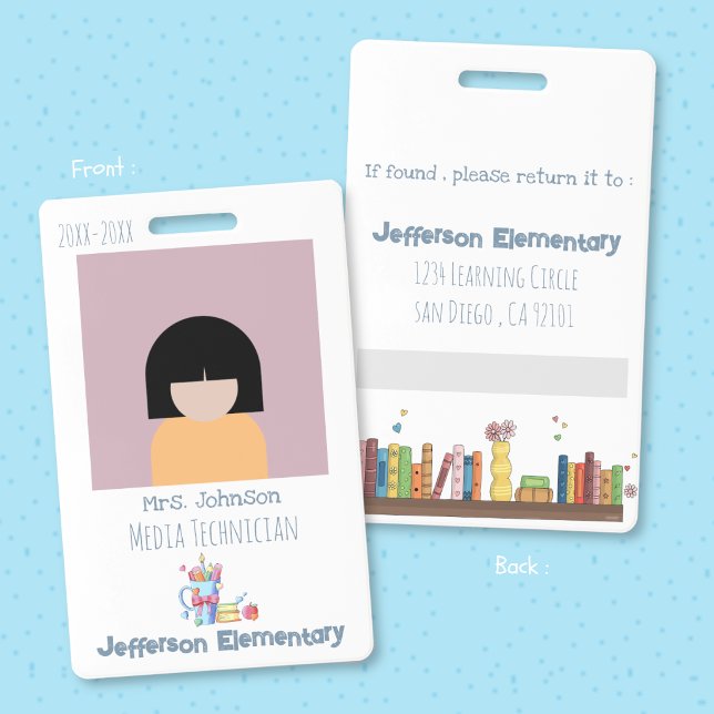 Tarjeta de identificación vertical blanca para bib (School librarian vertical white photo ID badge . )